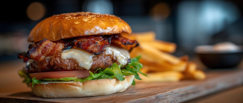 Burger with bacon and fries served in restaurant setting Free Premium Stock Photo - stock photo
