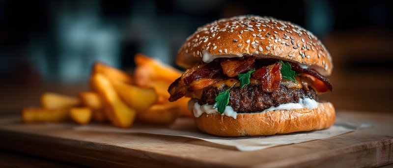Juicy burger with bacon and fries on a wooden board Free Premium Stock Image - stock photo