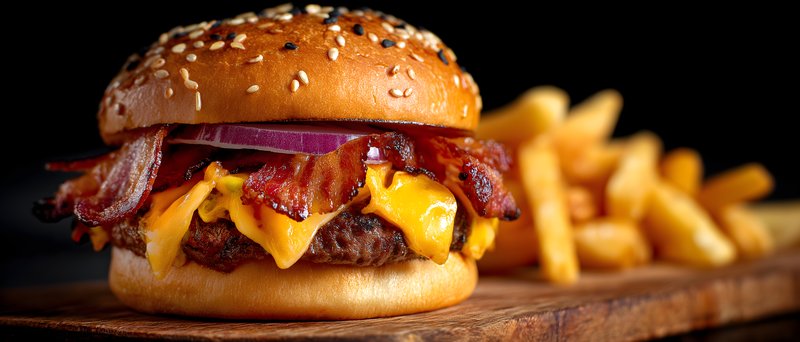 Delicious burger with bacon and fries on a wooden board Free Premium Stock Photo - stock photo