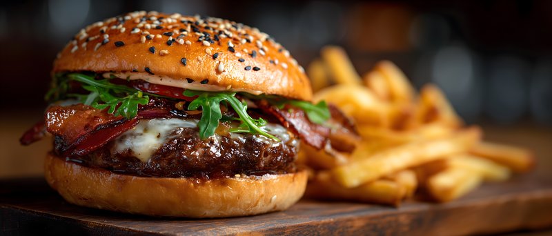 Enjoying a meal with a burger and fries at a diner Free Premium Stock Image - stock photo