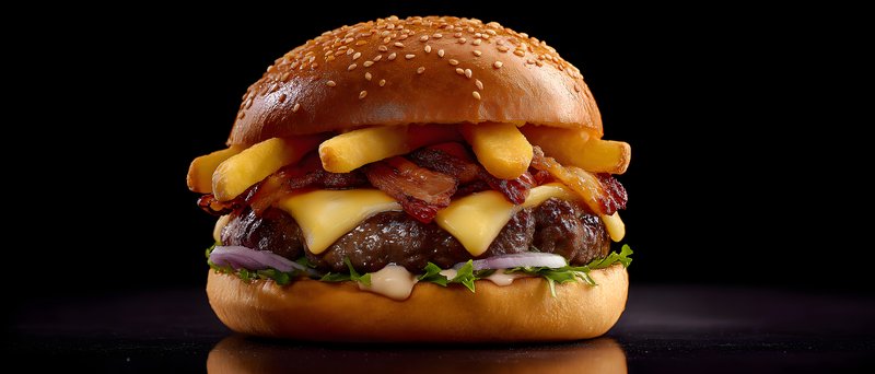 Juicy burger with cheese, bacon, and fries ready to eat Free Premium Stock Image - stock photo