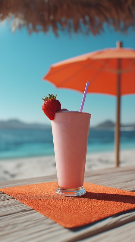 Strawberry shake on a beach table with orange umbrella Free Premium Stock Photo - stock photo