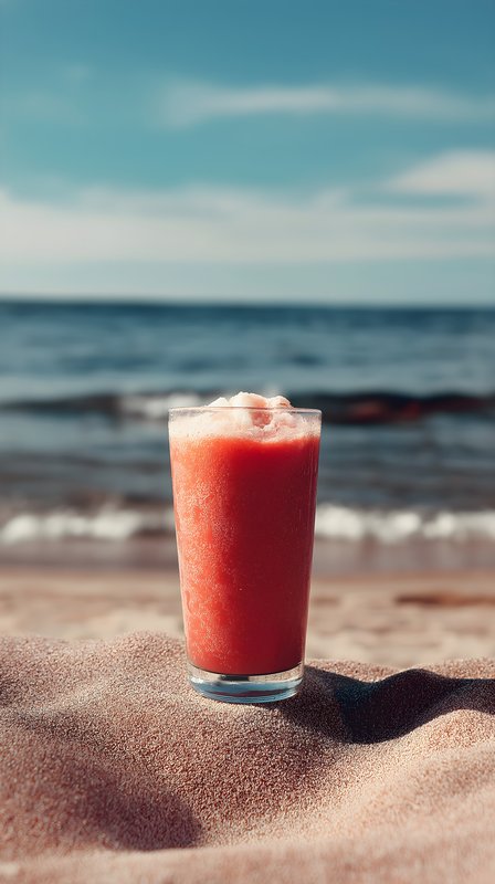 Cool drink sits on sandy beach by the ocean Free Premium Stock Image - stock photo