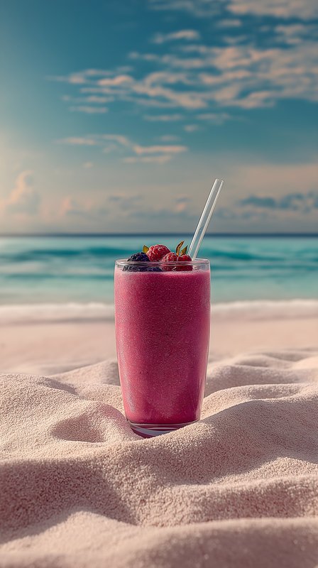 Cool drink sits on sandy beach near ocean in sunlight Free Premium Stock Photo - stock photo