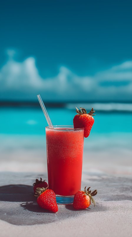 Fresh strawberry drink on the beach in bright sunlight Free Premium Stock Photo - stock photo