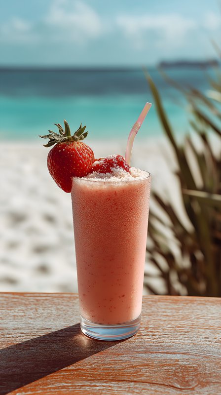 Strawberry drink on the beach with clear water and blue sky Free Premium Stock Photo - stock photo