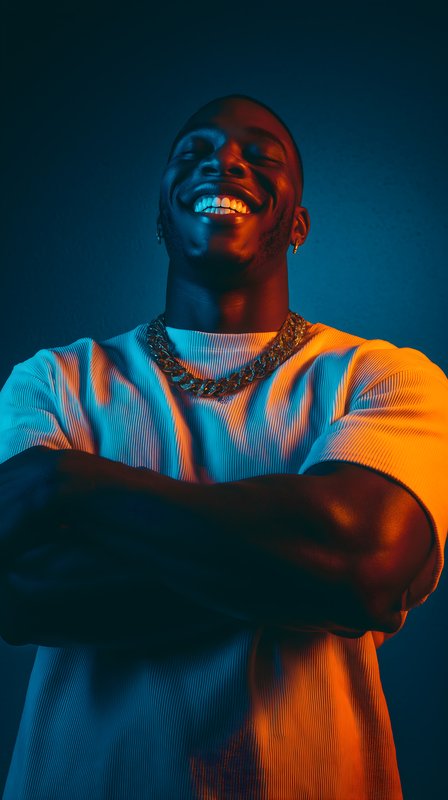 Man smiles with crossed arms under blue and orange lights Free Premium Stock Image - stock photo