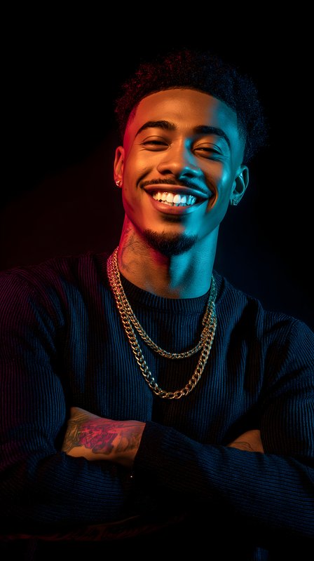 Smiling man with chains in studio lighting at night Free Premium Stock Image - stock photo