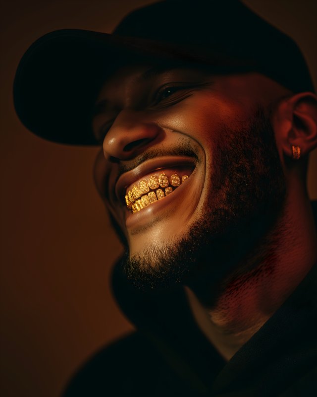 Man shows gold grill teeth while smiling in dim lighting Free Premium Stock Photo - stock photo