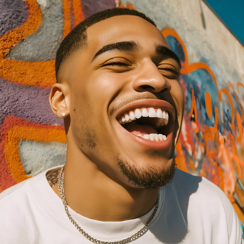 Young man laughs joyfully in front of colorful wall Free Premium Stock Image - stock photo