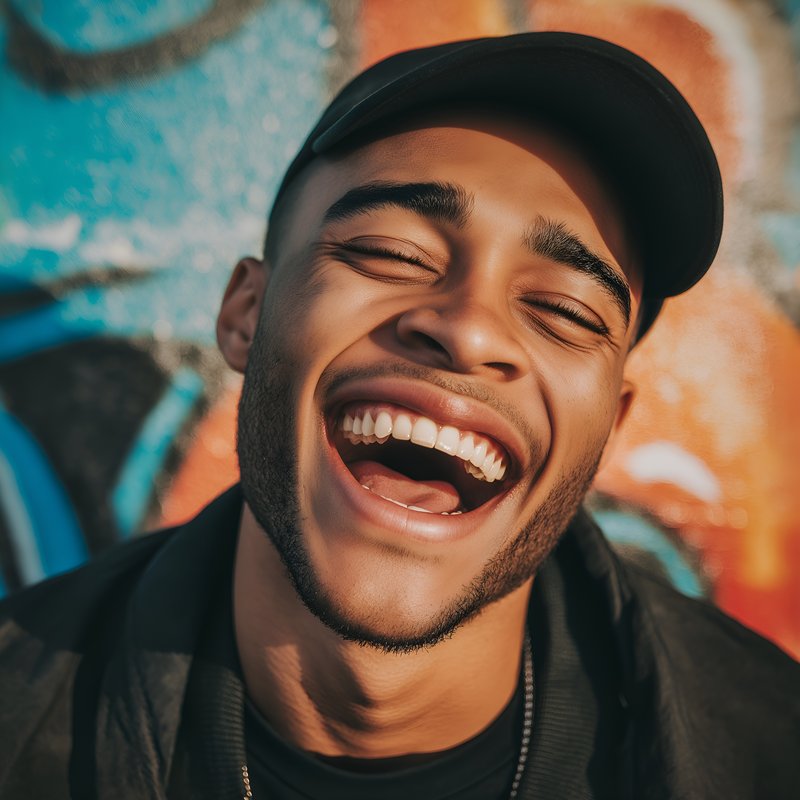 Man with a big smile standing in front of a colorful wall Free Premium Stock Image - stock photo