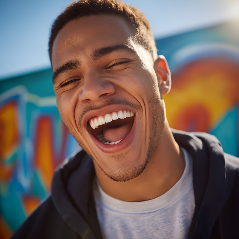 Young man smiles and laughs in front of colorful mural Free Premium Stock Photo - stock photo