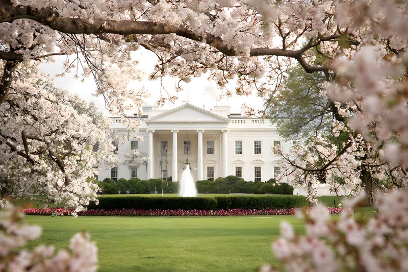 White House with cherry blossoms in springtime view Free Premium Stock Image - stock photo