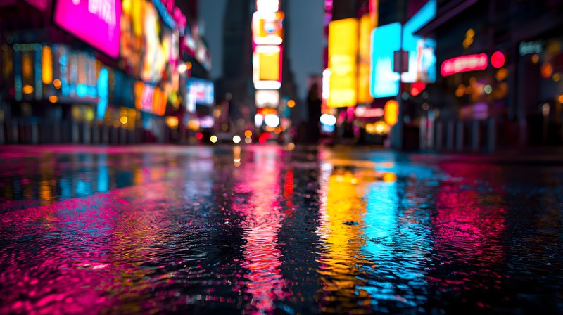 Bright lights shining on wet streets in Times Square at night Free Premium Stock Image - stock photo