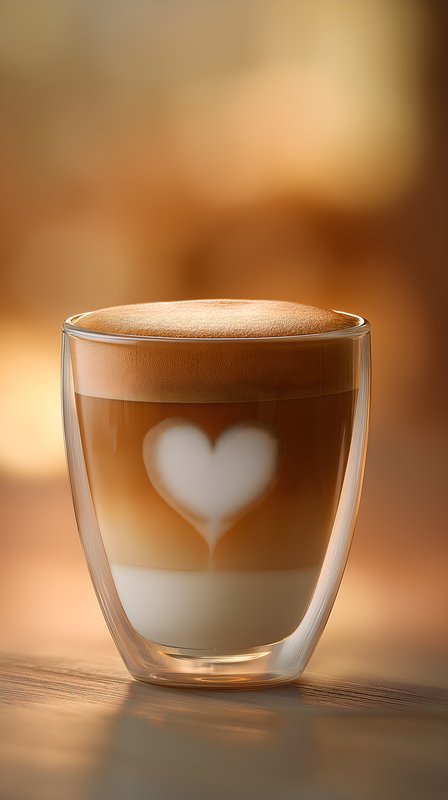 Coffee with heart shape foam in glass cup on wooden table Free Premium Stock Photo - stock photo