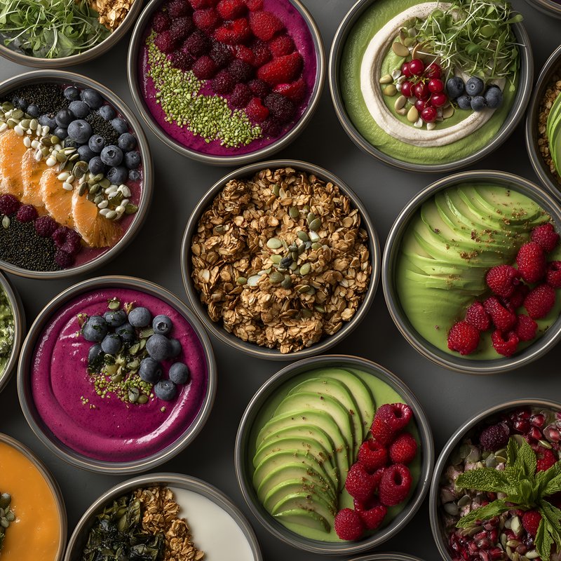Healthy bowls with fruits and granola on a gray table Free Premium Stock Image - stock photo