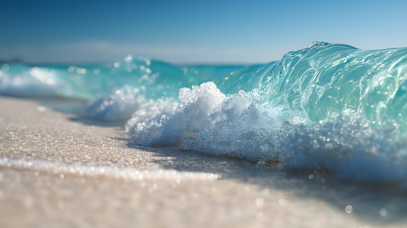 Waves crash on a sandy beach under clear blue sky Free Premium Stock Photo - stock photo