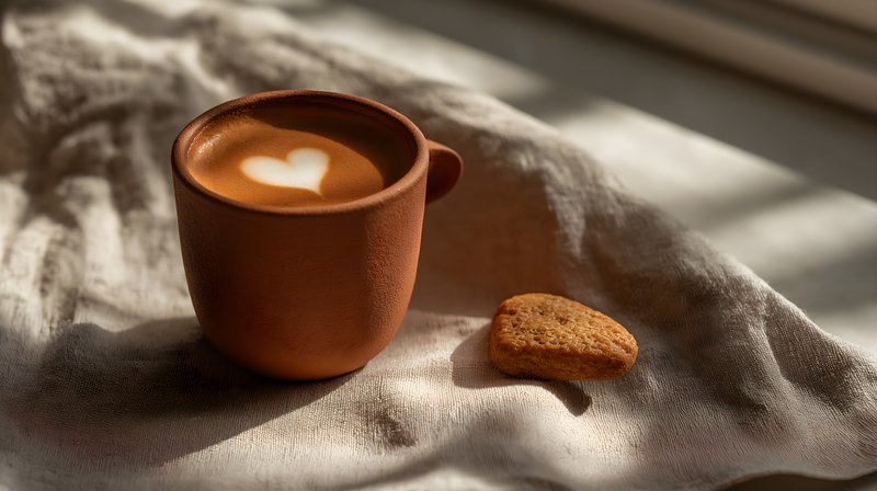 Coffee cup with heart design and biscuit on a cloth Free Premium Stock Image - stock photo