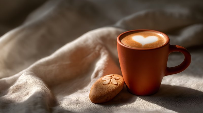 Warm coffee cup with a heart design and cookie on a cloth Free Premium Stock Image - stock photo