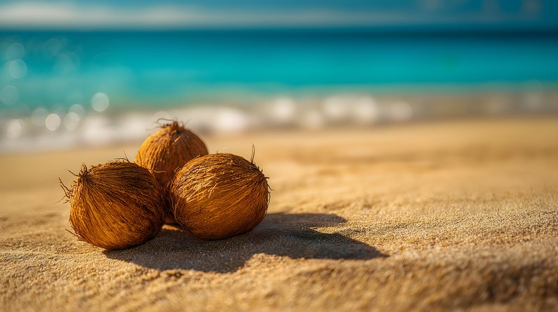 Coconut husks on a beach near the ocean water Free Premium Stock Photo - stock photo