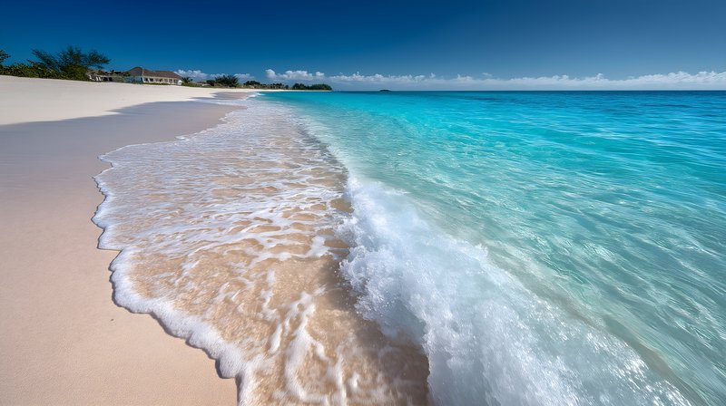 Waves gently lap the shore on a sunny beach day Free Premium Stock Image - stock photo