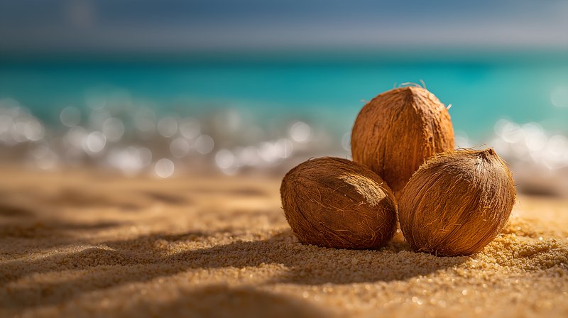 Three coconuts on sandy beach with ocean waves in background Free Premium Stock Photo - stock photo