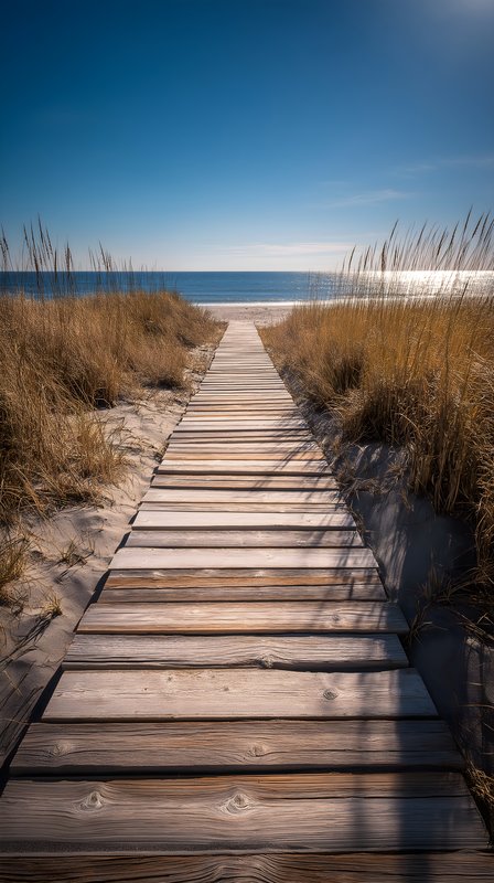 Wooden walkway leads to beach under clear blue sky Free Premium Stock Image - stock photo
