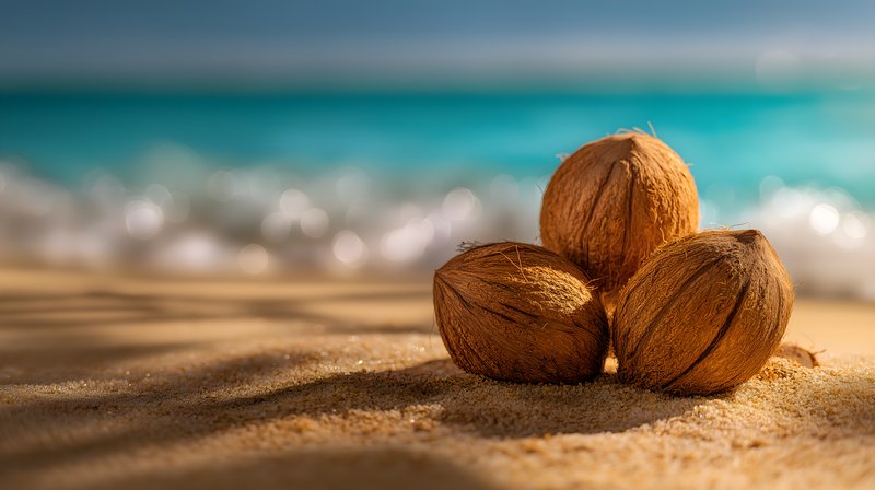 Coconuts on the sandy beach near the ocean Free Premium Stock Photo - stock photo