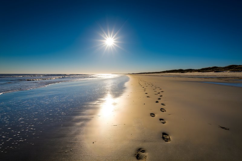 Footprints on the sand under the bright sun at the beach Free Premium Stock Image - stock photo
