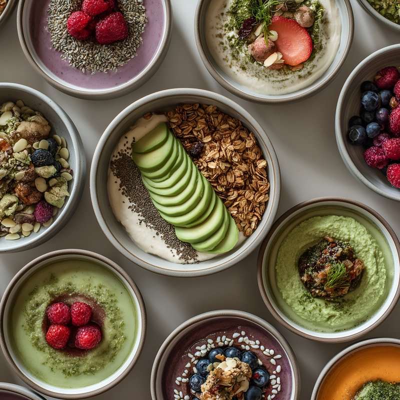 Healthy bowls of yogurt with fruits and toppings in a layout Free Premium Stock Photo - stock photo
