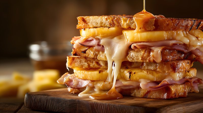 Sandwich with cheese, ham, and pineapple on a wooden board Free Premium Stock Image - stock photo