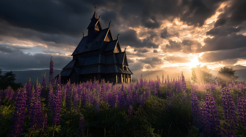Lupine flowers bloom near a church under a cloudy sky Free Premium Stock Image - stock photo