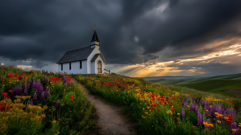 Sunset over small church in the flower field near hills Free Premium Stock Image - stock photo