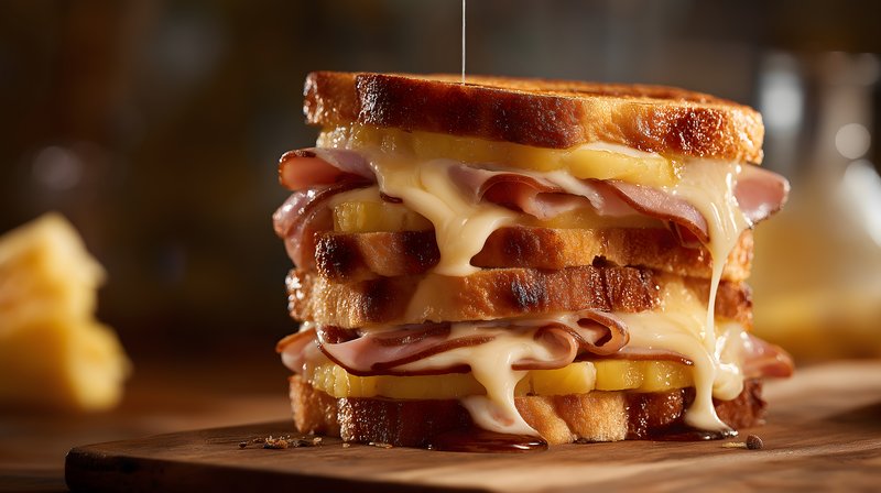 Ham and cheese sandwich is stacked with pineapple slices Free Premium Stock Image - stock photo