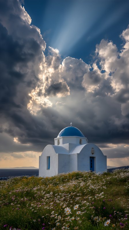 White church on a hill with clouds and sunlight in the sky Free Premium Stock Photo - stock photo