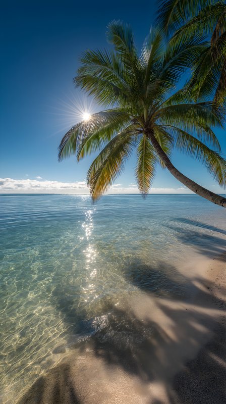 Sun shines on clear water by palm tree at a beach Free Premium Stock Image - stock photo