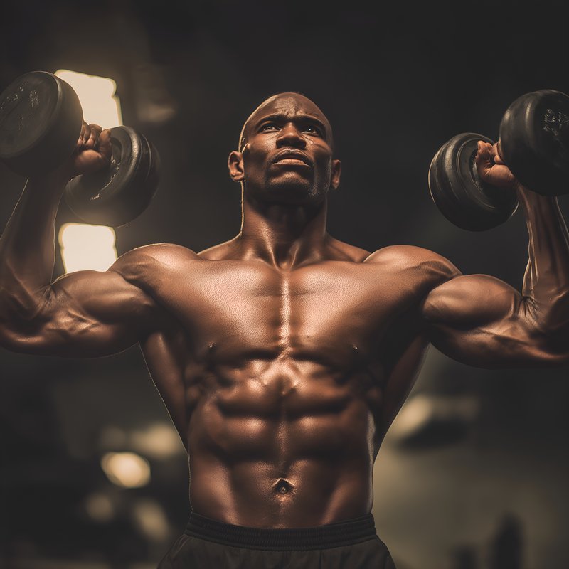 Muscle man lifts dumbbells in dark gym setting Free Premium Stock Image - stock photo