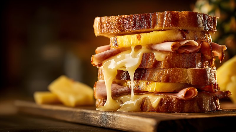 Delicious sandwich with ham, cheese, and grilled pineapple Free Premium Stock Image - stock photo