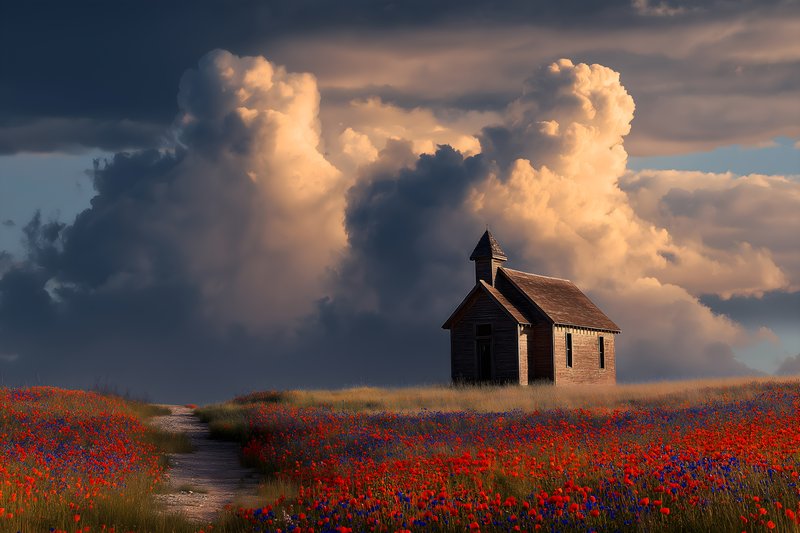 Old wooden church near field of red flowers under cloudy sky Free Premium Stock Photo - stock photo