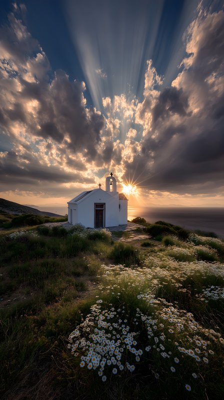 Sunset at a small church with flowers in the foreground Free Premium Stock Photo - stock photo