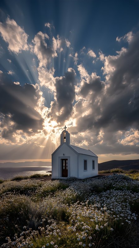 Small church stands under a cloudy sky at sunset in Greece Free Premium Stock Photo - stock photo
