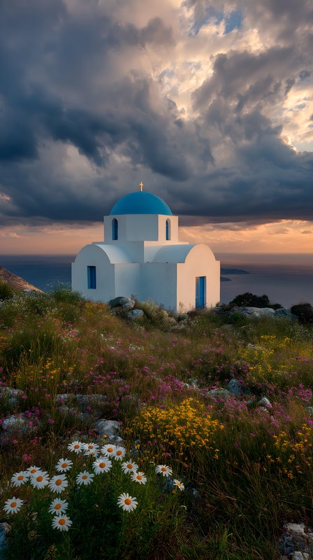 Church on a hill with flowers at sunset above the sea Free Premium Stock Photo - stock photo