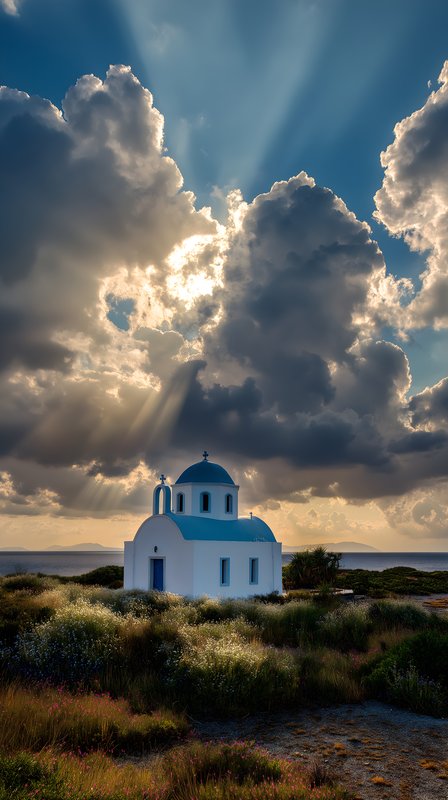 Bright sunlight shines on a church in Greece during the day Free Premium Stock Photo - stock photo