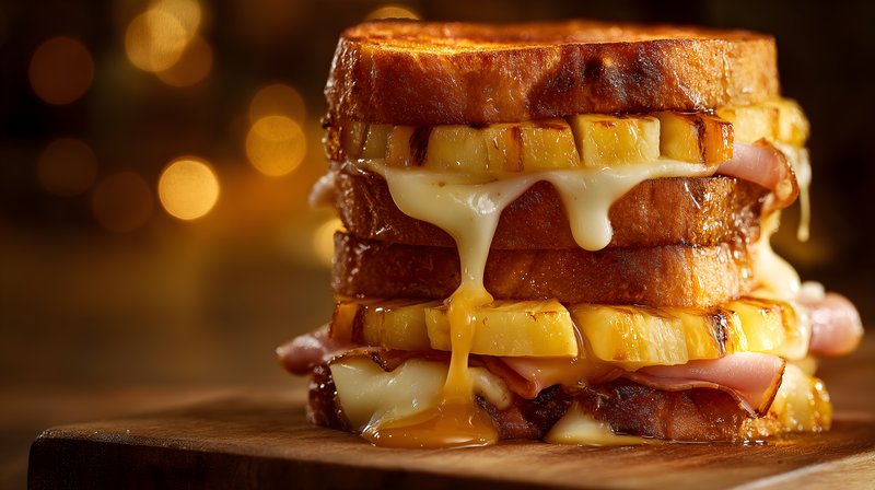 Grilled sandwich with cheese and ham served on wooden board Free Premium Stock Image - stock photo