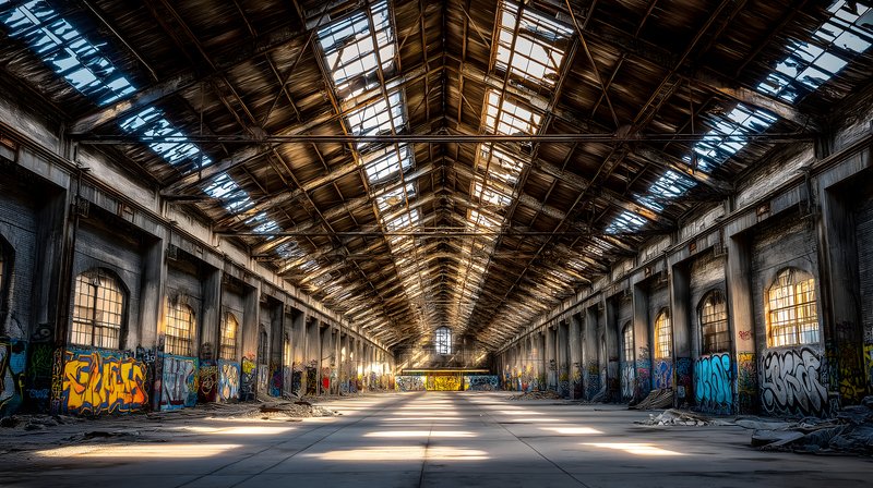 Abandoned warehouse with graffiti and sunlight streaming in Free Premium Stock Photo - stock photo