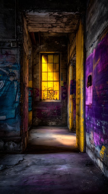 Light shines through an old building with colorful walls Free Premium Stock Image - stock photo