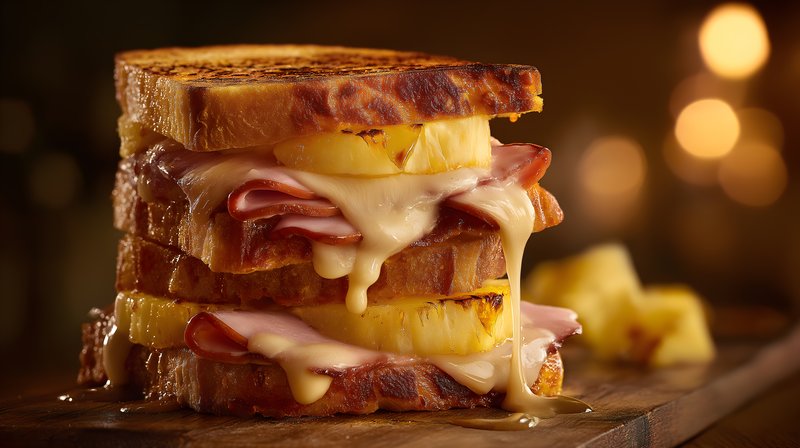 Delicious sandwich stacked with cheese, ham, and pineapple Free Premium Stock Photo - stock photo