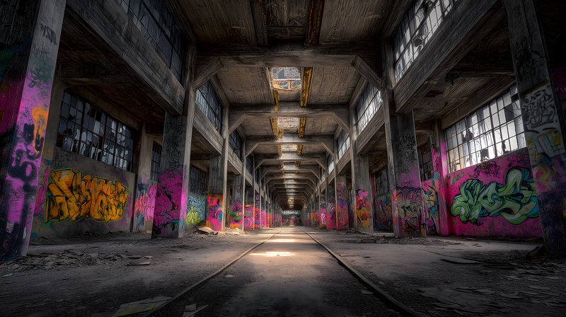 Urban exploration in a derelict warehouse with graffiti Free Premium Stock Image - stock photo