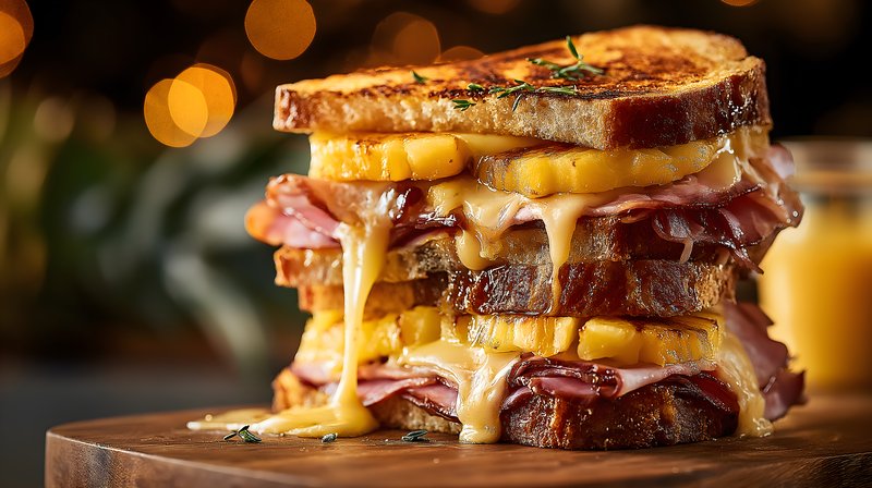 Grilled sandwich with cheese, ham, and pineapple stacked high Free Premium Stock Photo - stock photo