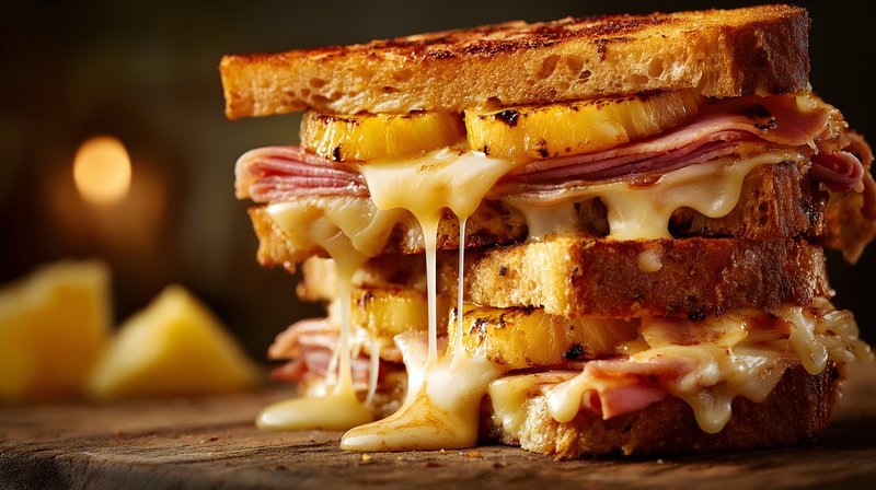 Delicious grilled sandwich with ham and pineapple served warm Free Premium Stock Photo - stock photo